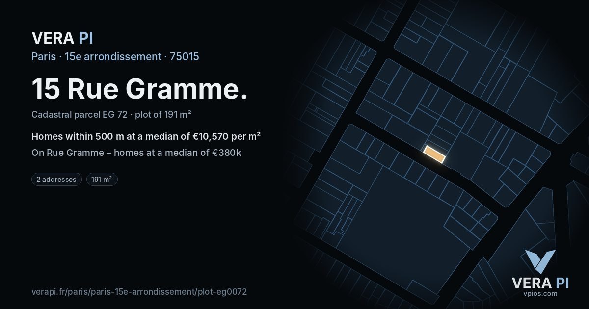15 Rue Gramme, 15e arrondissement at night – the plot lit, the parcels around coloured by the prices near them