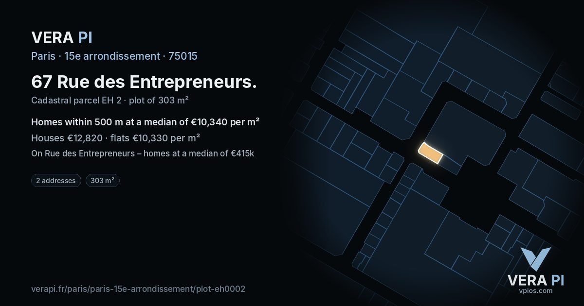 67 Rue des Entrepreneurs, 15e arrondissement at night – the plot lit, the parcels around coloured by the prices near them
