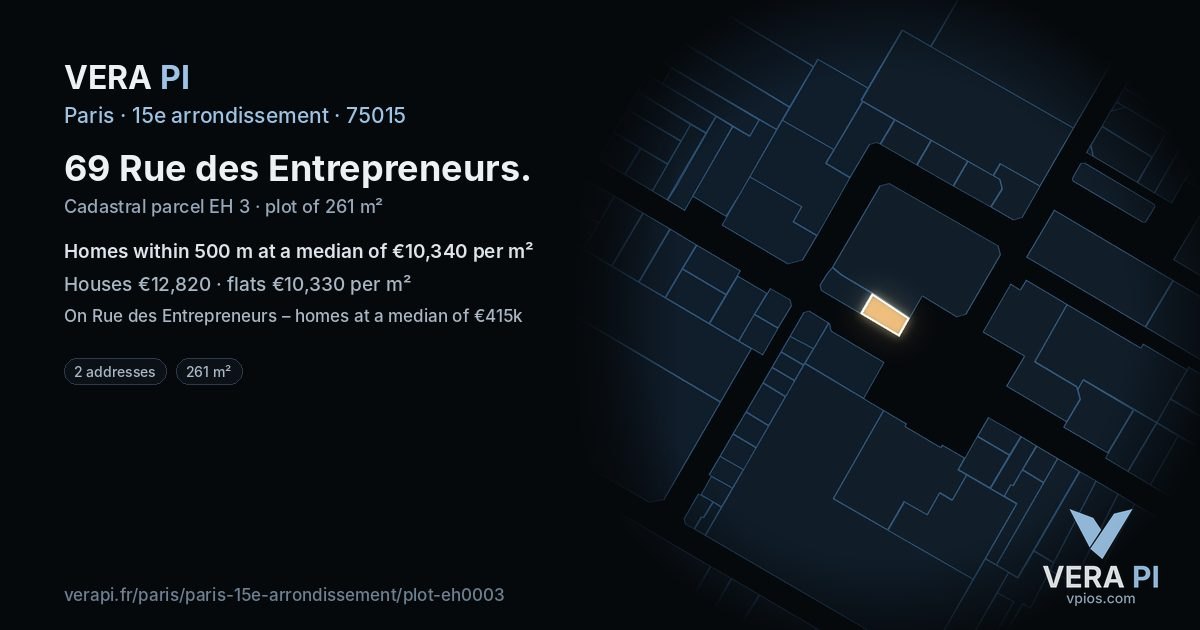 69 Rue des Entrepreneurs, 15e arrondissement at night – the plot lit, the parcels around coloured by the prices near them