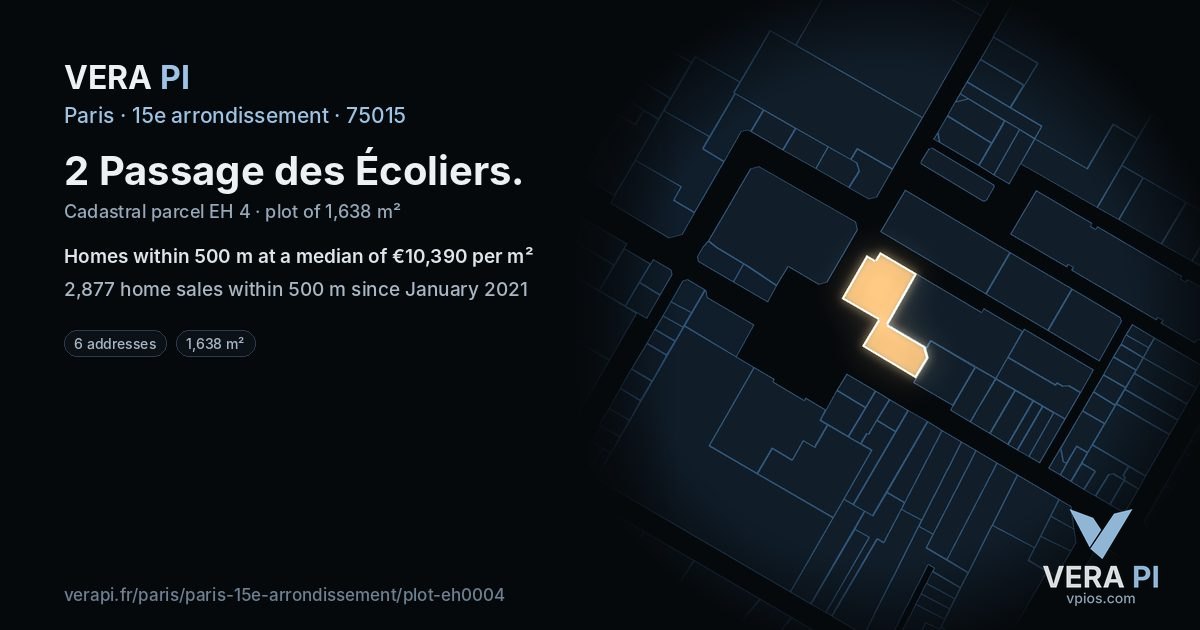 2 Passage des Écoliers, 15e arrondissement at night – the plot lit, the parcels around coloured by the prices near them