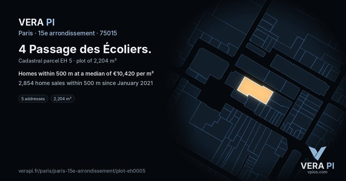 4 Passage des Écoliers, 15e arrondissement at night – the plot lit, the parcels around coloured by the prices near them
