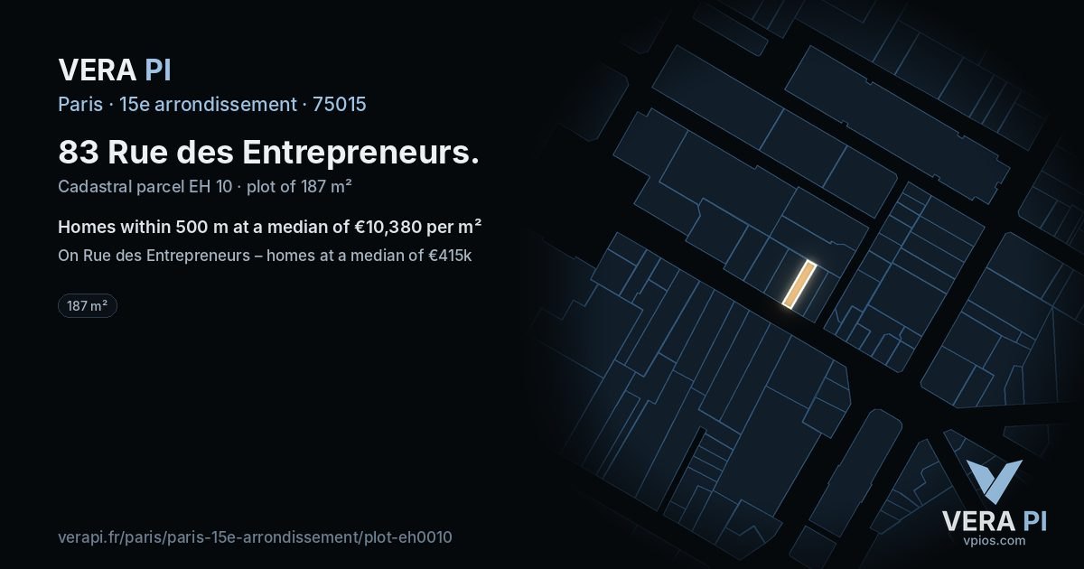 83 Rue des Entrepreneurs, 15e arrondissement at night – the plot lit, the parcels around coloured by the prices near them