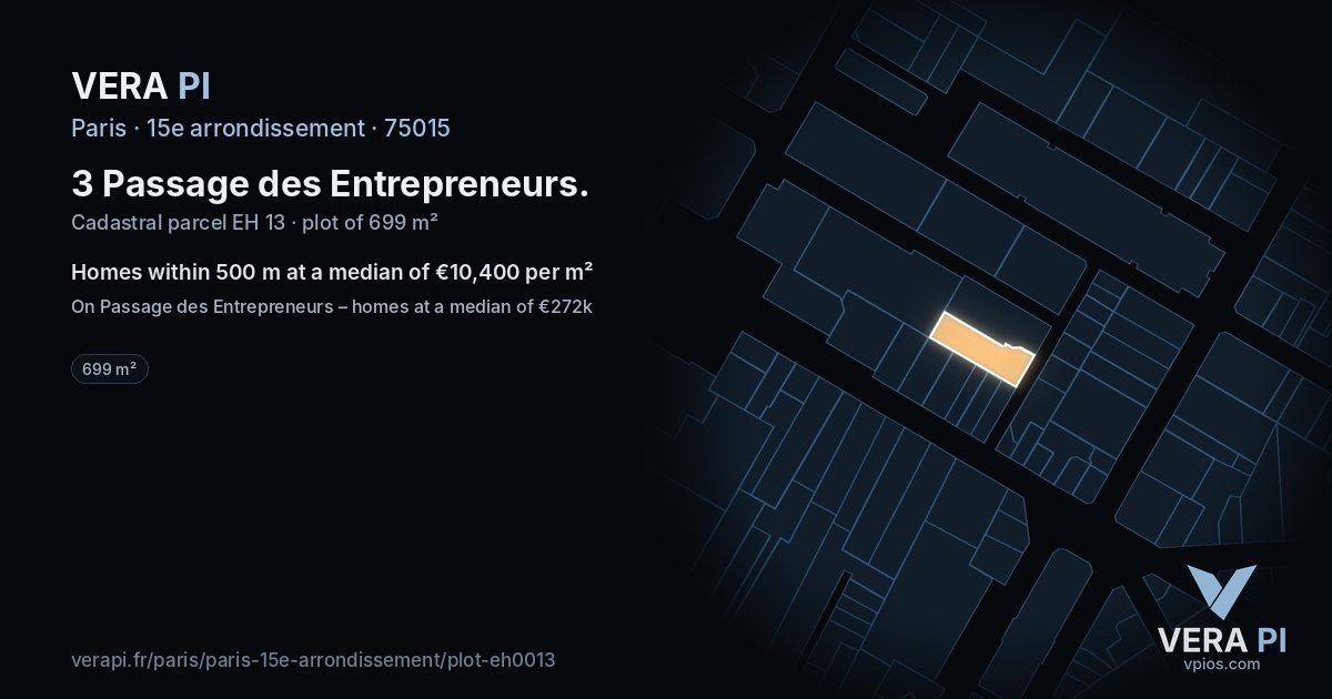 3 Passage des Entrepreneurs, 15e arrondissement at night – the plot lit, the parcels around coloured by the prices near them