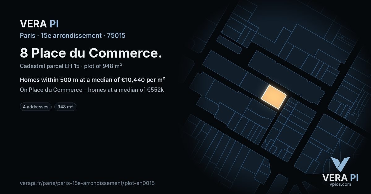 8 Place du Commerce, 15e arrondissement at night – the plot lit, the parcels around coloured by the prices near them