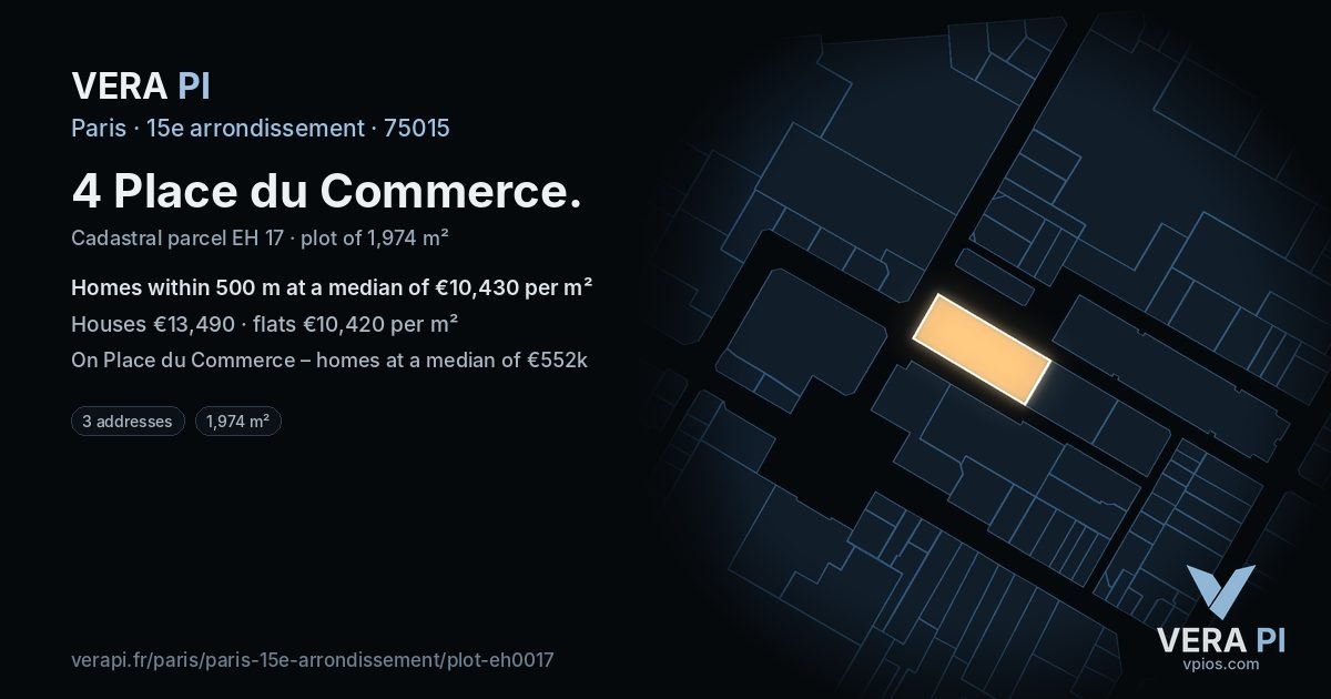 4 Place du Commerce, 15e arrondissement at night – the plot lit, the parcels around coloured by the prices near them
