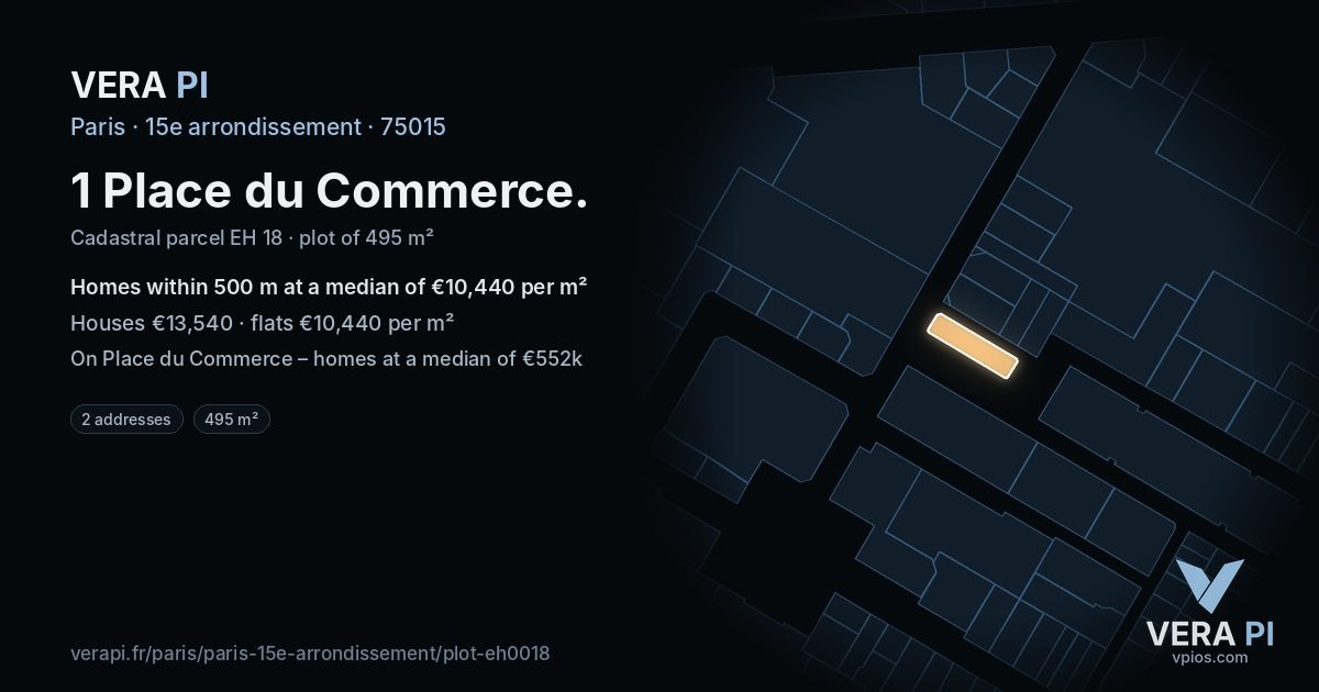 1 Place du Commerce, 15e arrondissement at night – the plot lit, the parcels around coloured by the prices near them