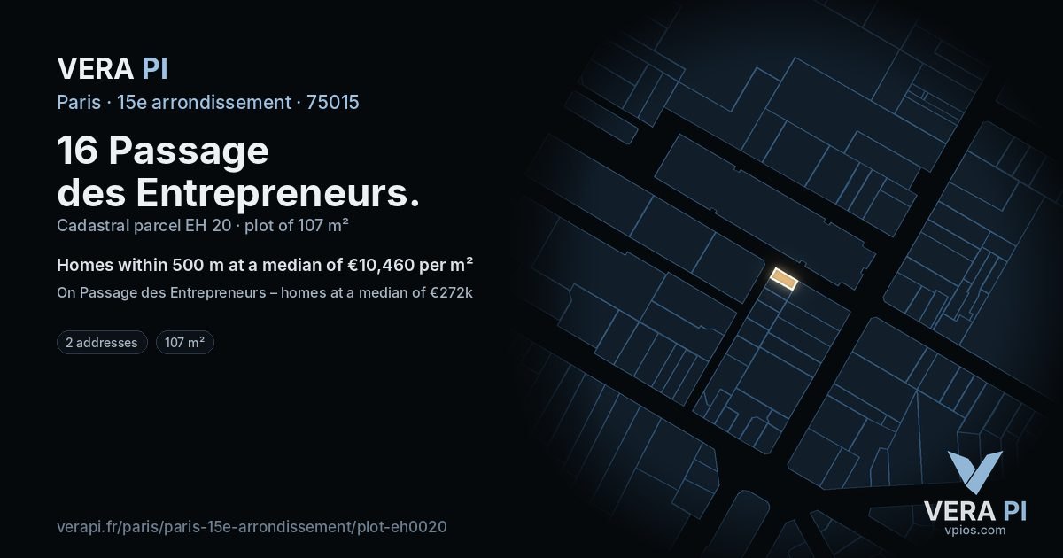 16 Passage des Entrepreneurs, 15e arrondissement at night – the plot lit, the parcels around coloured by the prices near them