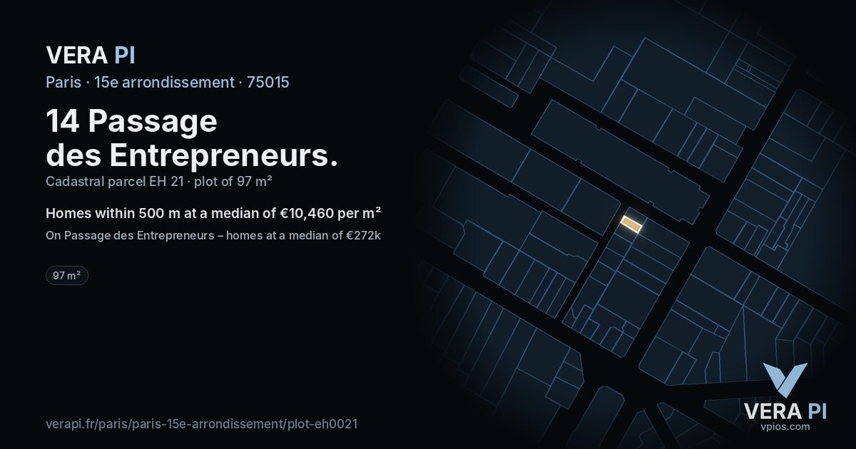 14 Passage des Entrepreneurs, 15e arrondissement at night – the plot lit, the parcels around coloured by the prices near them