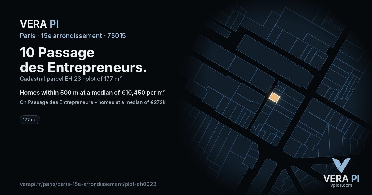 10 Passage des Entrepreneurs, 15e arrondissement at night – the plot lit, the parcels around coloured by the prices near them