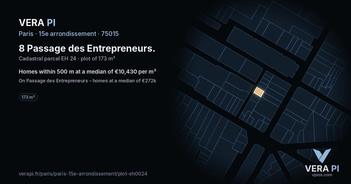 8 Passage des Entrepreneurs, 15e arrondissement at night – the plot lit, the parcels around coloured by the prices near them