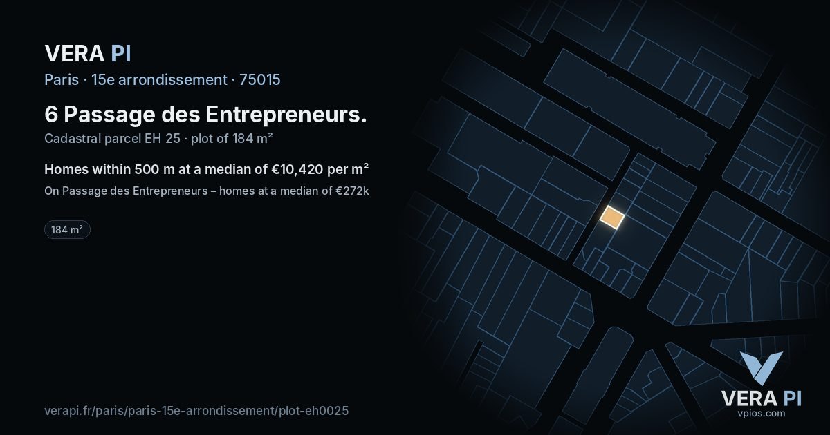 6 Passage des Entrepreneurs, 15e arrondissement at night – the plot lit, the parcels around coloured by the prices near them