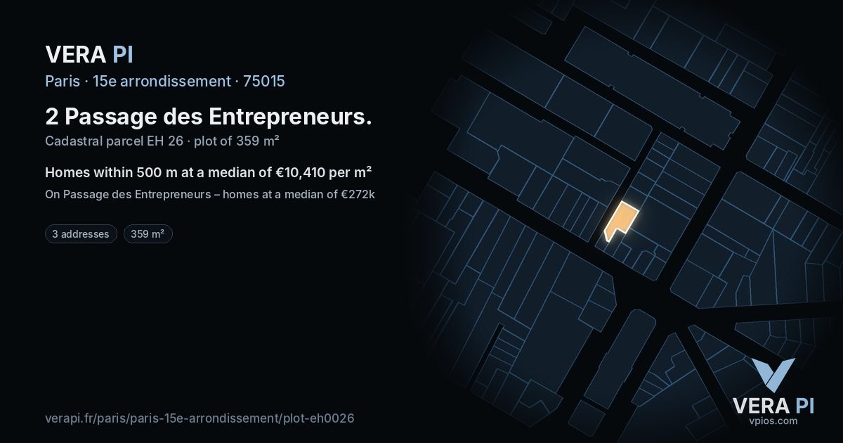 2 Passage des Entrepreneurs, 15e arrondissement at night – the plot lit, the parcels around coloured by the prices near them