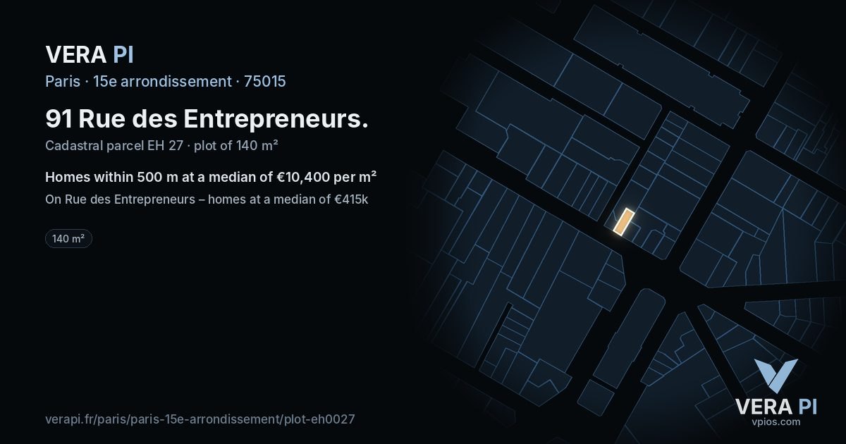 91 Rue des Entrepreneurs, 15e arrondissement at night – the plot lit, the parcels around coloured by the prices near them