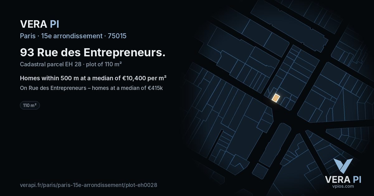 93 Rue des Entrepreneurs, 15e arrondissement at night – the plot lit, the parcels around coloured by the prices near them