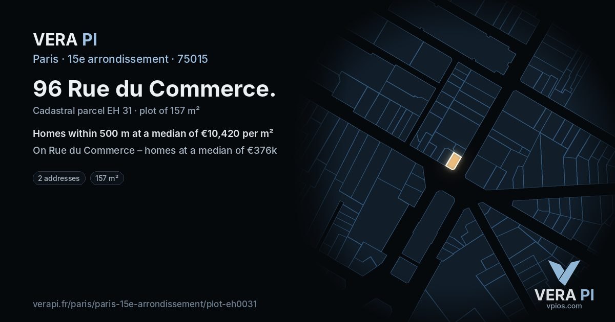 96 Rue du Commerce, 15e arrondissement at night – the plot lit, the parcels around coloured by the prices near them