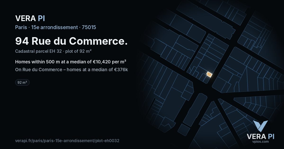 94 Rue du Commerce, 15e arrondissement at night – the plot lit, the parcels around coloured by the prices near them