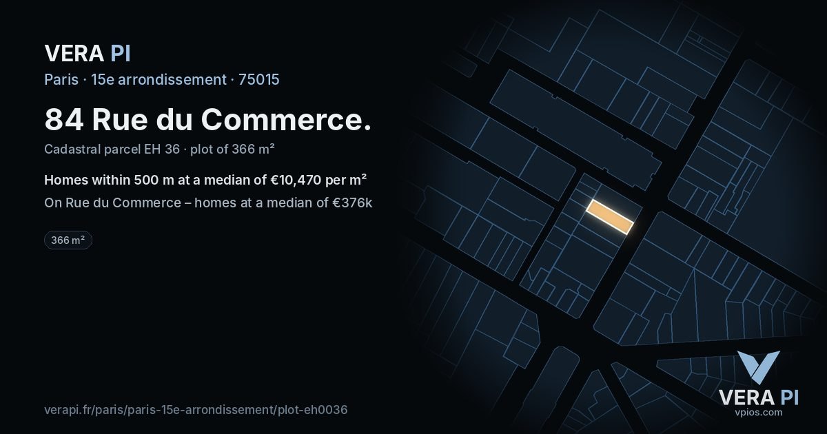 84 Rue du Commerce, 15e arrondissement at night – the plot lit, the parcels around coloured by the prices near them