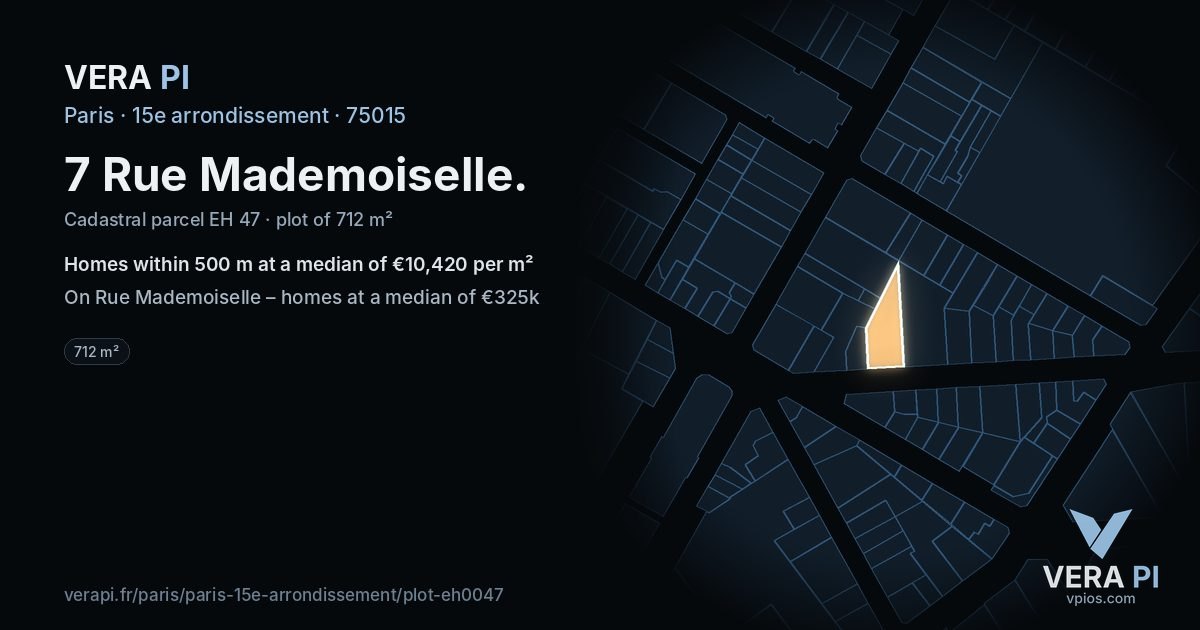 7 Rue Mademoiselle, 15e arrondissement at night – the plot lit, the parcels around coloured by the prices near them