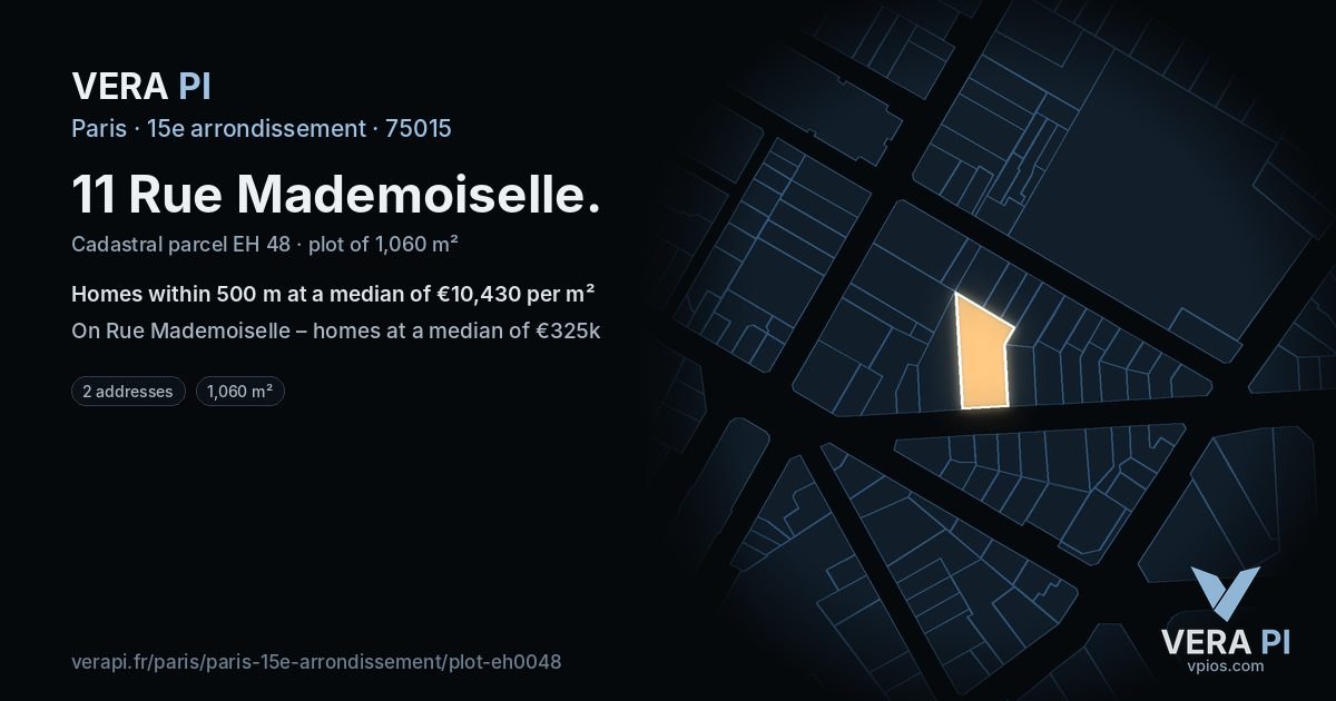 11 Rue Mademoiselle, 15e arrondissement at night – the plot lit, the parcels around coloured by the prices near them