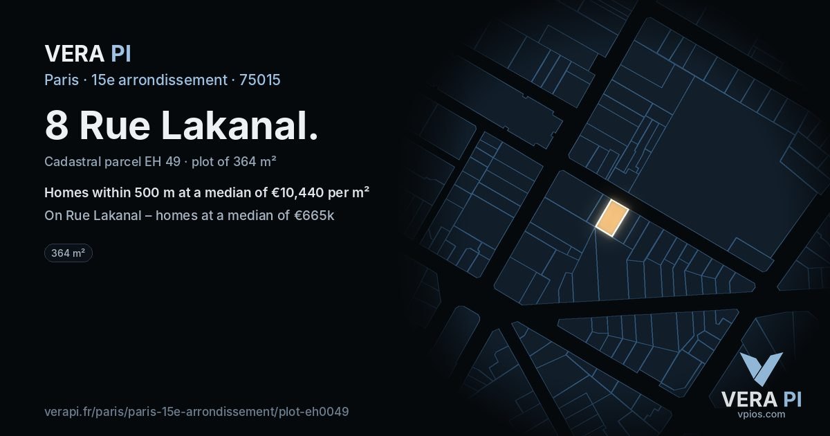 8 Rue Lakanal, 15e arrondissement at night – the plot lit, the parcels around coloured by the prices near them