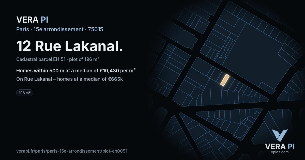 12 Rue Lakanal, 15e arrondissement at night – the plot lit, the parcels around coloured by the prices near them