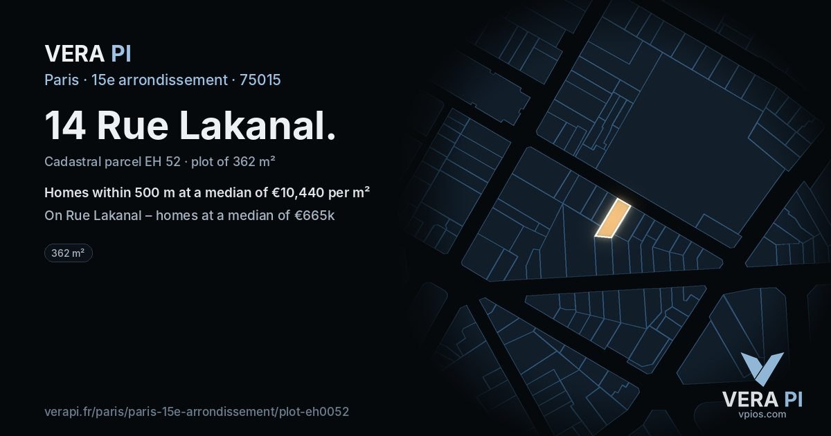 14 Rue Lakanal, 15e arrondissement at night – the plot lit, the parcels around coloured by the prices near them