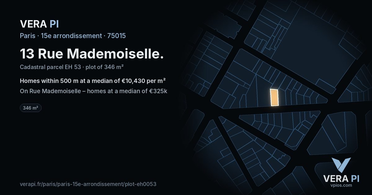 13 Rue Mademoiselle, 15e arrondissement at night – the plot lit, the parcels around coloured by the prices near them