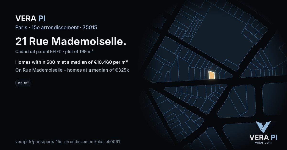 21 Rue Mademoiselle, 15e arrondissement at night – the plot lit, the parcels around coloured by the prices near them