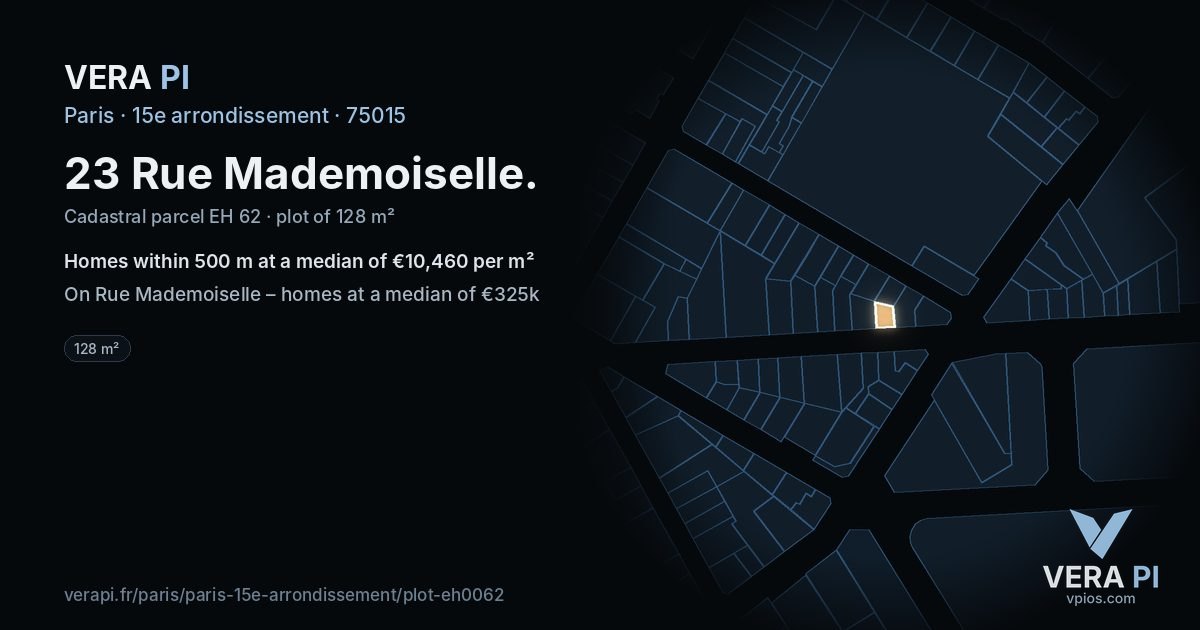 23 Rue Mademoiselle, 15e arrondissement at night – the plot lit, the parcels around coloured by the prices near them