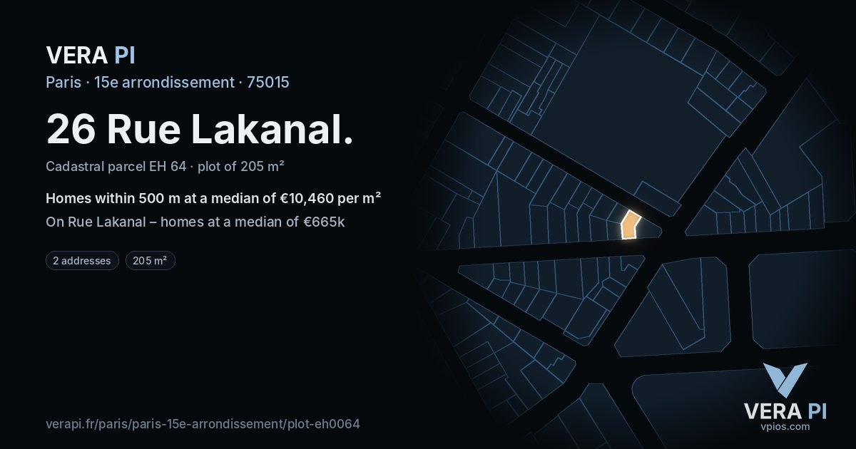 26 Rue Lakanal, 15e arrondissement at night – the plot lit, the parcels around coloured by the prices near them