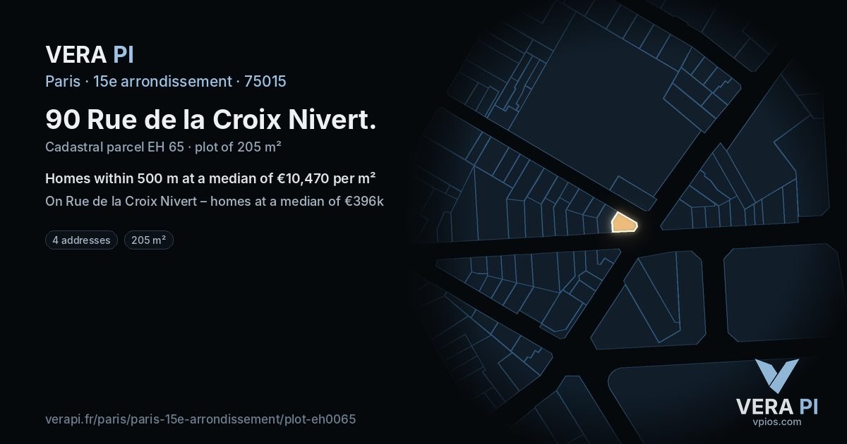 90 Rue de la Croix Nivert, 15e arrondissement at night – the plot lit, the parcels around coloured by the prices near them