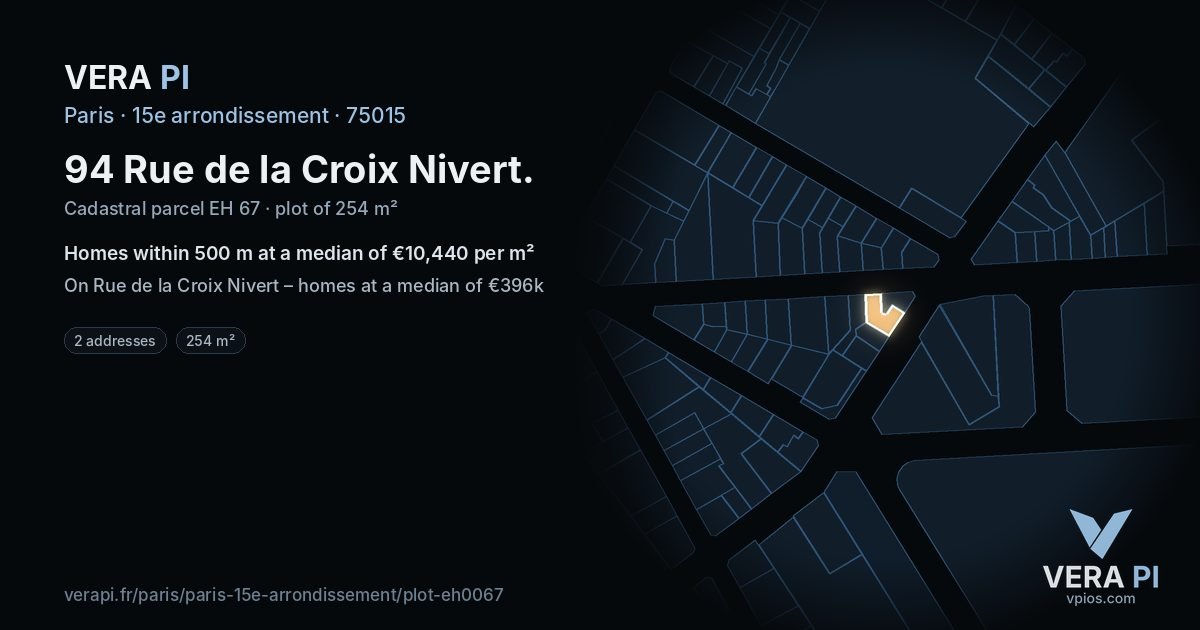 94 Rue de la Croix Nivert, 15e arrondissement at night – the plot lit, the parcels around coloured by the prices near them
