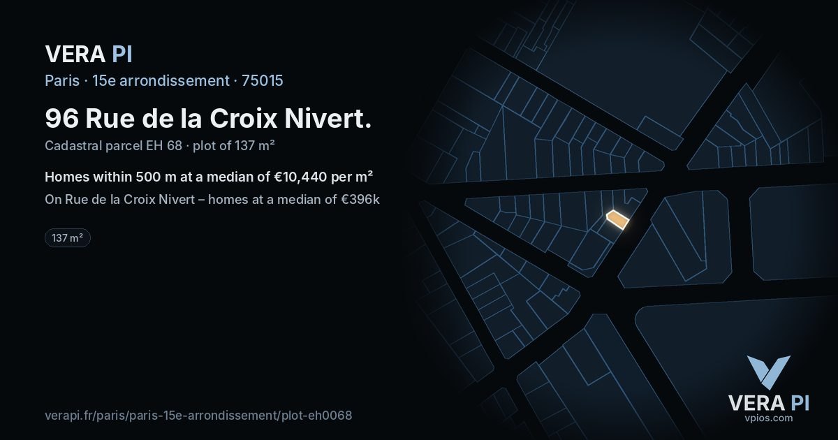 96 Rue de la Croix Nivert, 15e arrondissement at night – the plot lit, the parcels around coloured by the prices near them