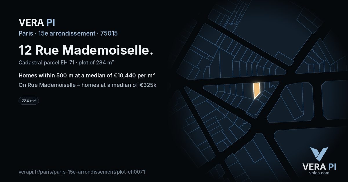 12 Rue Mademoiselle, 15e arrondissement at night – the plot lit, the parcels around coloured by the prices near them