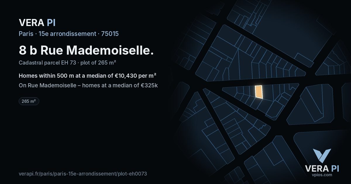 8 b Rue Mademoiselle, 15e arrondissement at night – the plot lit, the parcels around coloured by the prices near them