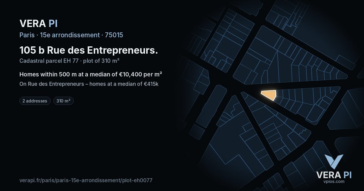 105 b Rue des Entrepreneurs, 15e arrondissement at night – the plot lit, the parcels around coloured by the prices near them
