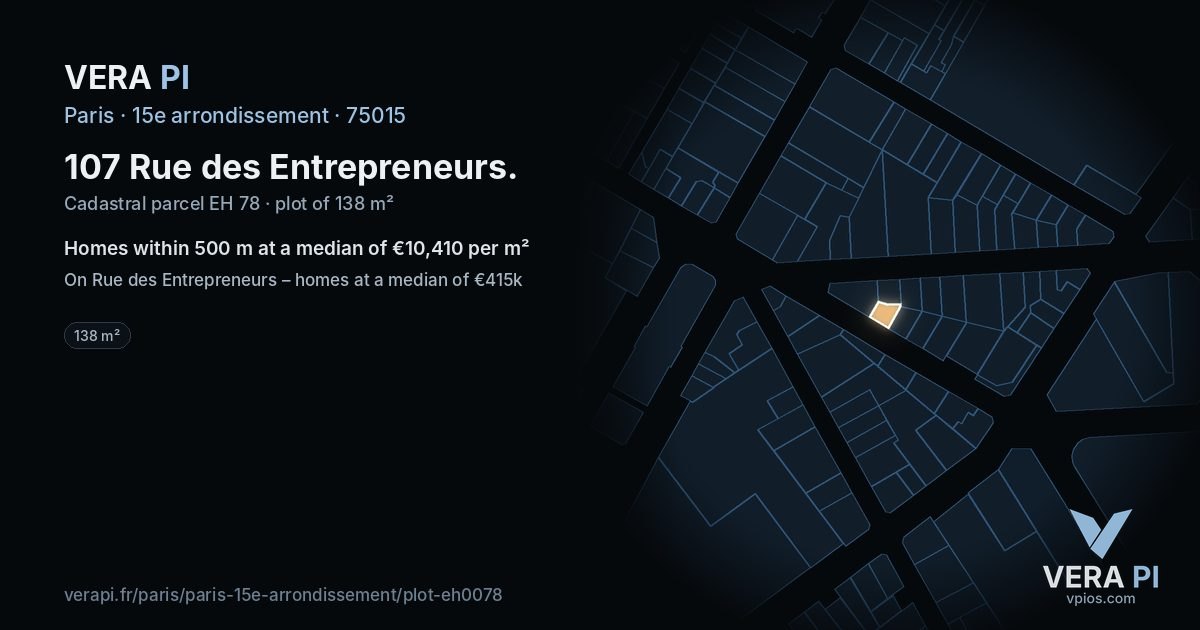 107 Rue des Entrepreneurs, 15e arrondissement at night – the plot lit, the parcels around coloured by the prices near them