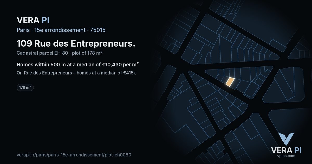 109 Rue des Entrepreneurs, 15e arrondissement at night – the plot lit, the parcels around coloured by the prices near them