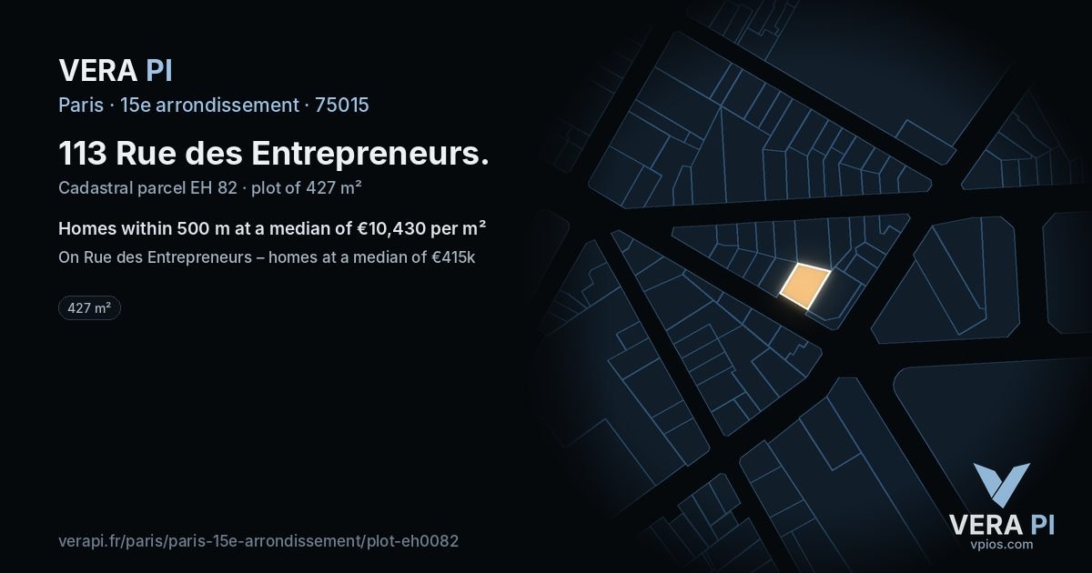 113 Rue des Entrepreneurs, 15e arrondissement at night – the plot lit, the parcels around coloured by the prices near them