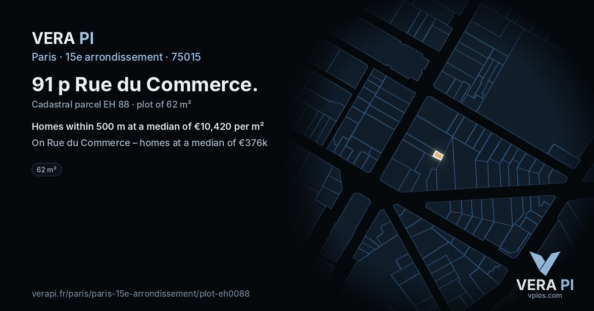 91 p Rue du Commerce, 15e arrondissement at night – the plot lit, the parcels around coloured by the prices near them