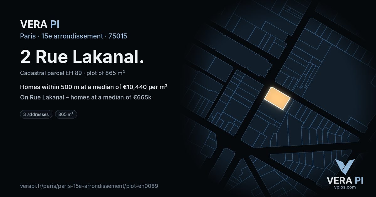 2 Rue Lakanal, 15e arrondissement at night – the plot lit, the parcels around coloured by the prices near them