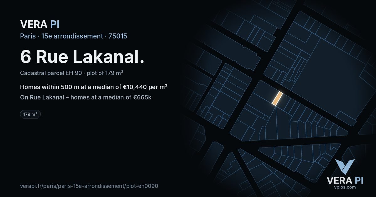 6 Rue Lakanal, 15e arrondissement at night – the plot lit, the parcels around coloured by the prices near them