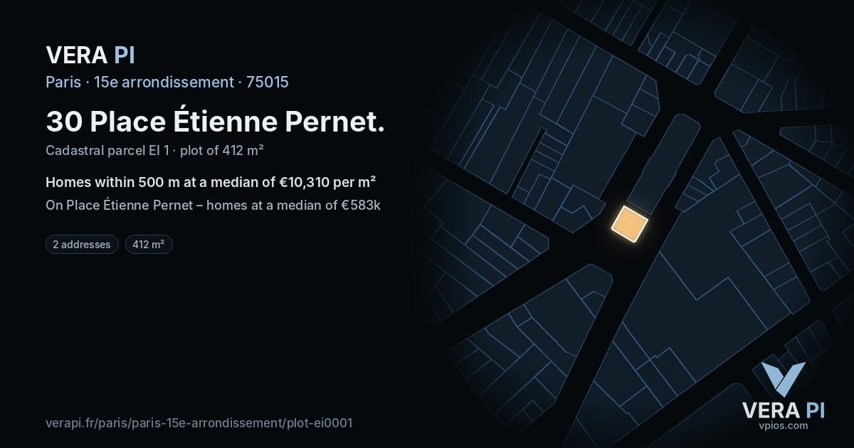 30 Place Étienne Pernet, 15e arrondissement at night – the plot lit, the parcels around coloured by the prices near them