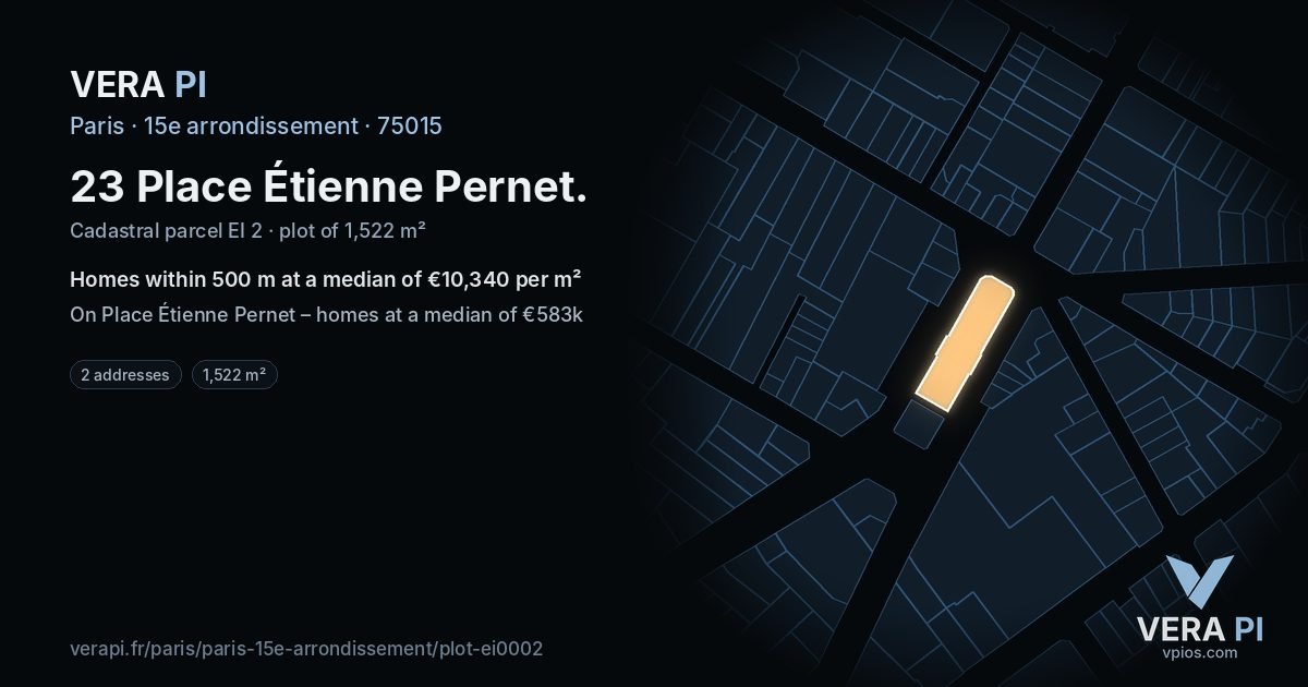 23 Place Étienne Pernet, 15e arrondissement at night – the plot lit, the parcels around coloured by the prices near them