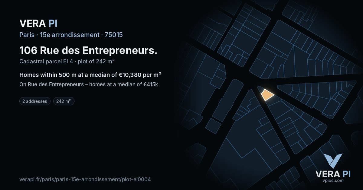 106 Rue des Entrepreneurs, 15e arrondissement at night – the plot lit, the parcels around coloured by the prices near them
