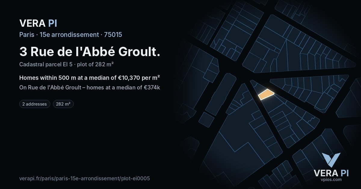 3 Rue de l'Abbé Groult, 15e arrondissement at night – the plot lit, the parcels around coloured by the prices near them