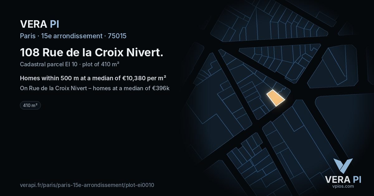 108 Rue de la Croix Nivert, 15e arrondissement at night – the plot lit, the parcels around coloured by the prices near them