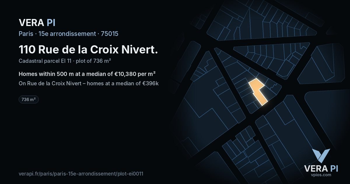 110 Rue de la Croix Nivert, 15e arrondissement at night – the plot lit, the parcels around coloured by the prices near them