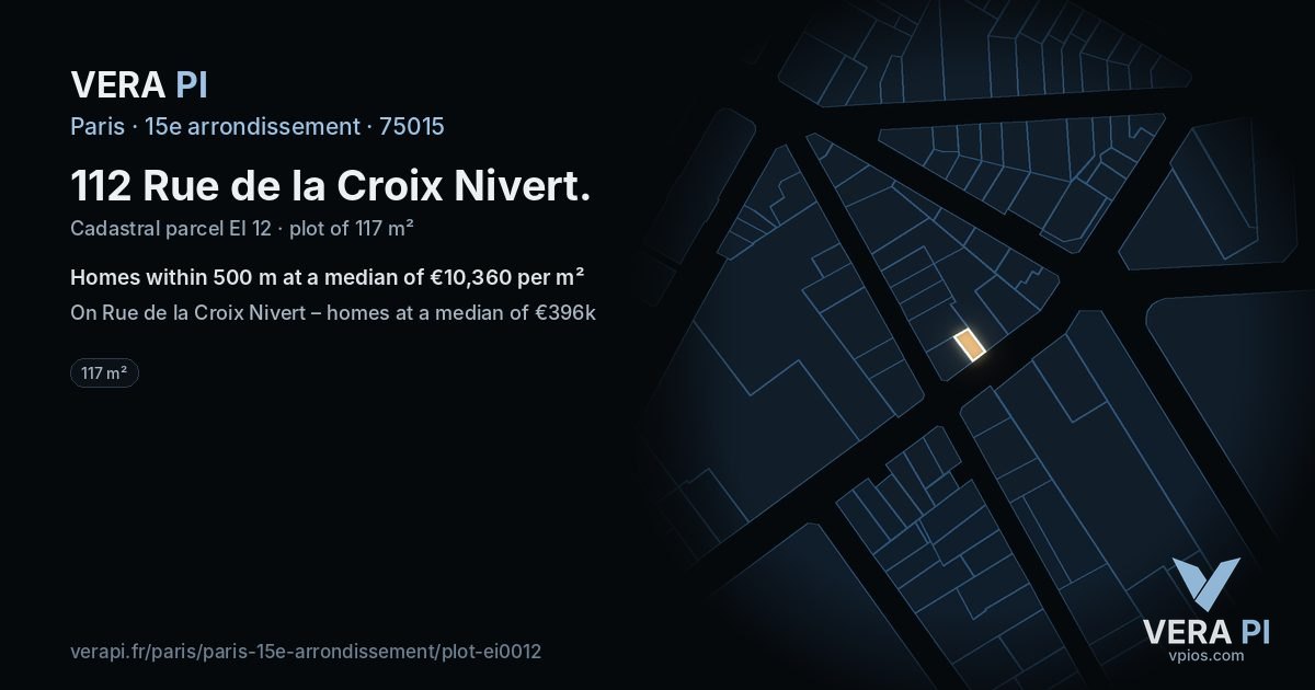 112 Rue de la Croix Nivert, 15e arrondissement at night – the plot lit, the parcels around coloured by the prices near them