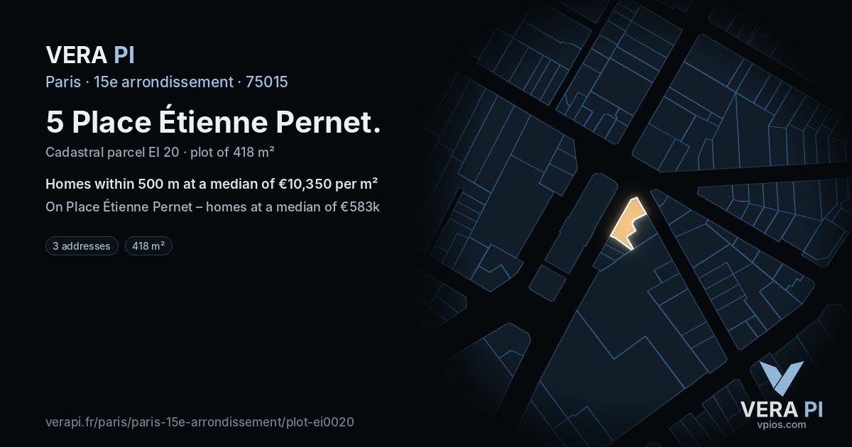 5 Place Étienne Pernet, 15e arrondissement at night – the plot lit, the parcels around coloured by the prices near them
